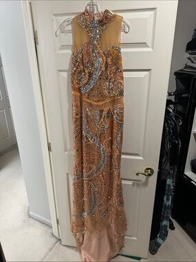 Beaded Peach Halter Prom Dress with Sheer Accents